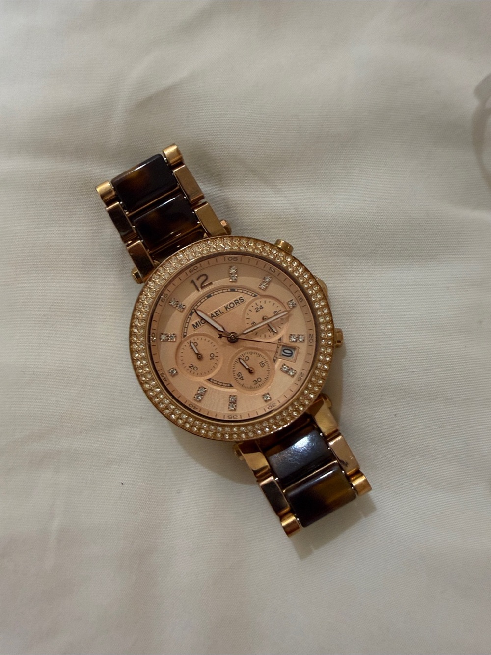 Michael Kors Rose Gold Crystal Bezel Watch with Tortoiseshell Links